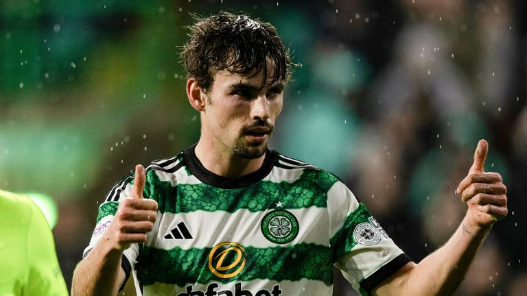 GLASGOW, SCOTLAND - FEBRUARY 28: Celtic's Matt O'Riley celebrates after scoring to make it 3-0 during a cinch Premiership match between Celtic and Dundee at Celtic Park, on February 28, 2024, in Glasgow, Scotland. (Photo by Craig Foy / SNS Group)