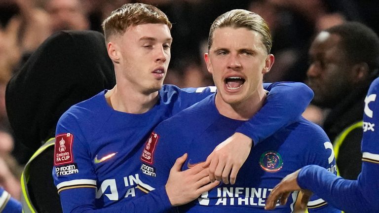 Chelsea's Conor Gallagher celebrates after scoring his side's third goal during the English FA Cup fifth round soccer match between Chelsea and Leeds United at Stamford Bridge stadium in London, Wednesday, Feb. 28, 2024. (AP Photo/Kirsty Wigglesworth)