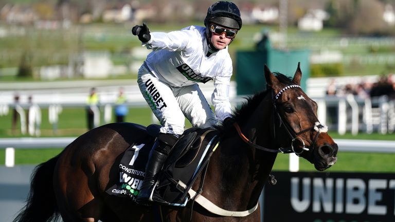 Nico de Boinville celebrates winning The Unibet Champion Hurdle Challenge Trophy on Constitution Hill on day one of the Cheltenham Festival 