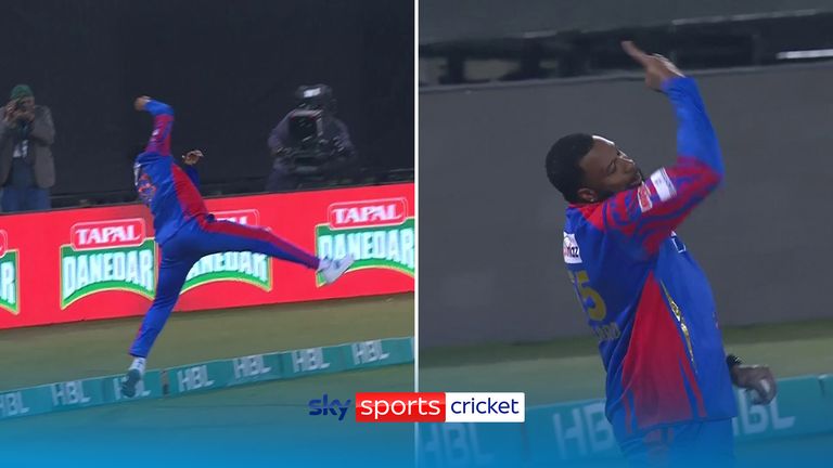 Kieron Pollard took an incredible catch for Karachi, leaving Lahore 90-4 in their PSL clash.