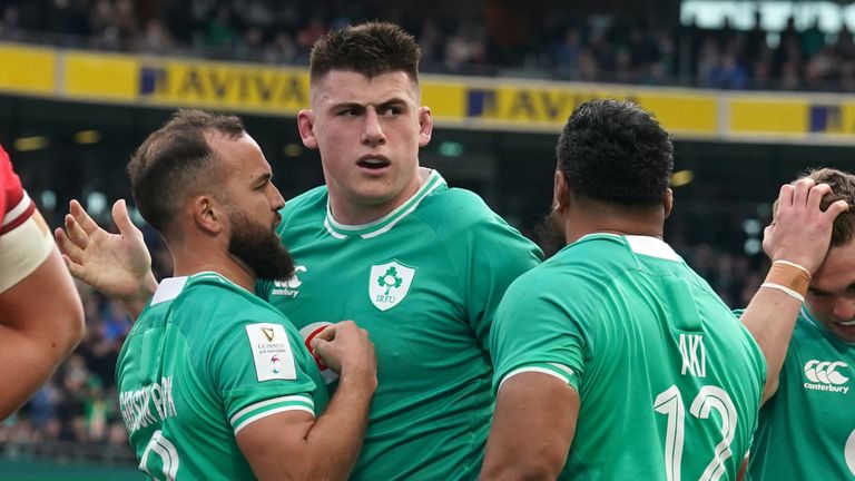 Ireland's Dan Sheehan celebrates after scoring their first try via a driving maul 