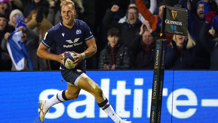 Scotland's Duhan van der Merwe scores their third try of the game