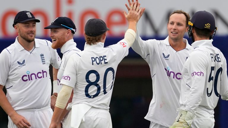 England's Tom Hartley celebrates the wicket of India's Sarfaraz Khan
