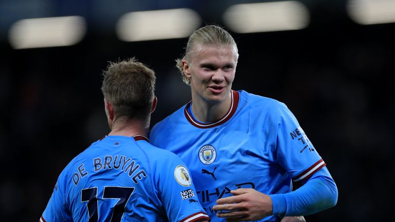 File photo dated 05-01-2023 of Manchester City&#39;s Erling Haaland (right), who is still out but Kevin De Bruyne is ready to start for Manchester City at Newcastle on Saturday, manager Pep Guardiola has said. Issue date: Friday January 12, 2024.
