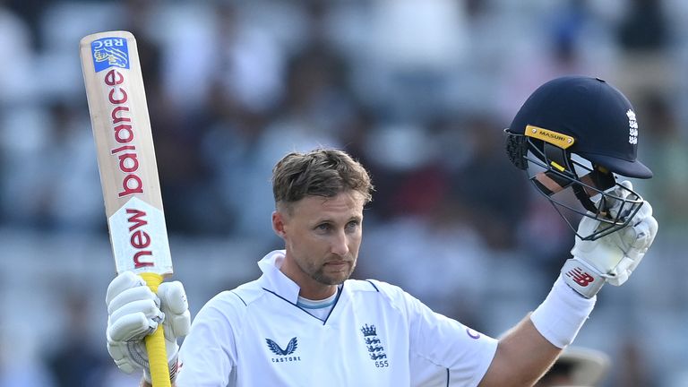 Joe Root celebrates his 31st Test hundred against India in Ranchi