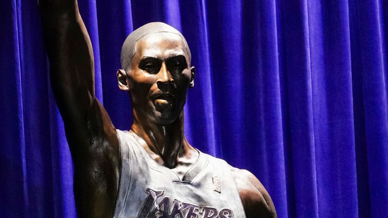 A statue of former Los Angeles Lakers guard Kobe Bryant is seen after its unveiling outside the NBA basketball team's arena, Thursday, Feb. 8, 2024, in Los Angeles. (AP Photo/Eric Thayer)