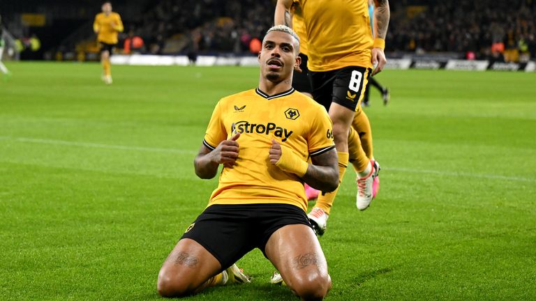 Mario Lemina celebrates scoring for Wolves against Brighton