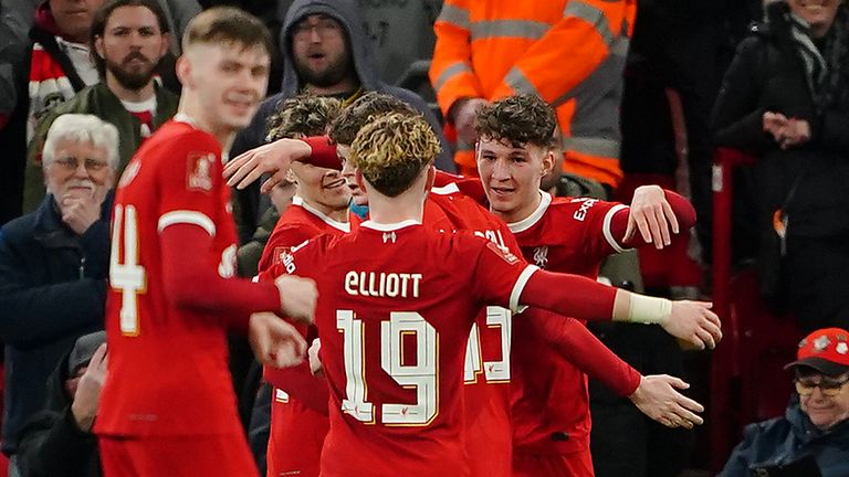 Liverpool v Southampton - Emirates FA Cup - Fifth Round - Anfield - Liverpool's Lewis Koumas celebrates scoring their side's first goal of the game during the Emirates FA Cup fifth round match at Anfield, Liverpool. Picture date: Wednesday February 28, 2024.