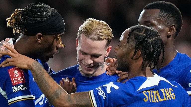 Chelsea's Mykhailo Mudryk celebrates after scoring his side's second goal during the English FA Cup fifth round soccer match between Chelsea and Leeds United at Stamford Bridge stadium in London, Wednesday, Feb. 28, 2024. (AP Photo/Kirsty Wigglesworth)