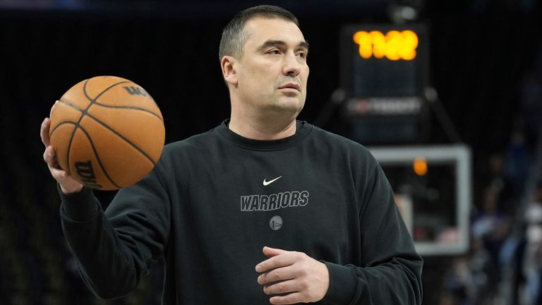 FILE - Golden State Warriors assistant coach Dejan Milojevic passes the ball before an NBA basketball game against the New Orleans Pelicans Tuesday, March 28, 2023, in San Francisco. Warriors assistant coach Dejan Milojevi.., a mentor to two-time NBA MVP Nikola Jokic and a former star player in his native Serbia, died Wednesday, Jan. 17, 2024, after suffering a heart attack, the team announced. Milojevi.., part of the staff that helped the Warriors win the 2022 NBA champions