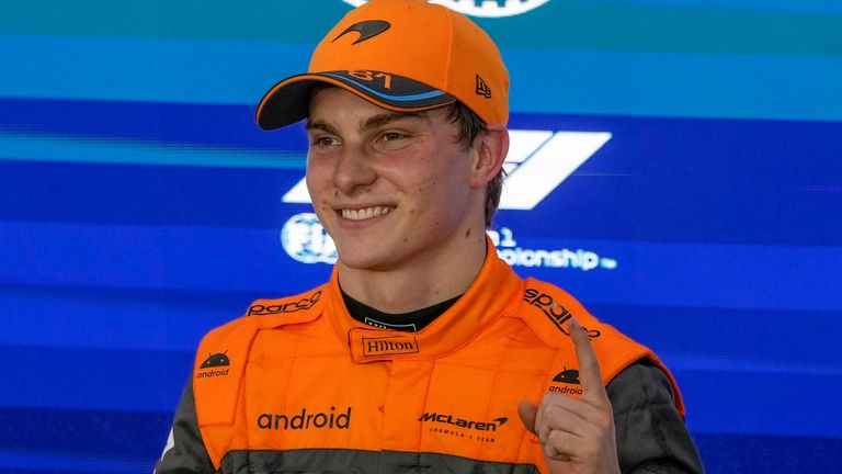 McLaren driver Oscar Piastri of Australia celebrates after the sprint shootout ahead of the Qatar Formula One Grand Prix at the Lusail International Circuit, in Lusail, Qatar, Saturday, Oct. 7, 2023. (AP Photo/Darko Bandic, Pool)