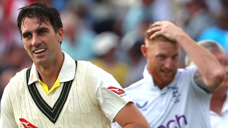 Ben Stokes looks on as Pat Cummins celebrates Australia's dramatic first Test win over England at Edgbaston in the 2023 Ashes