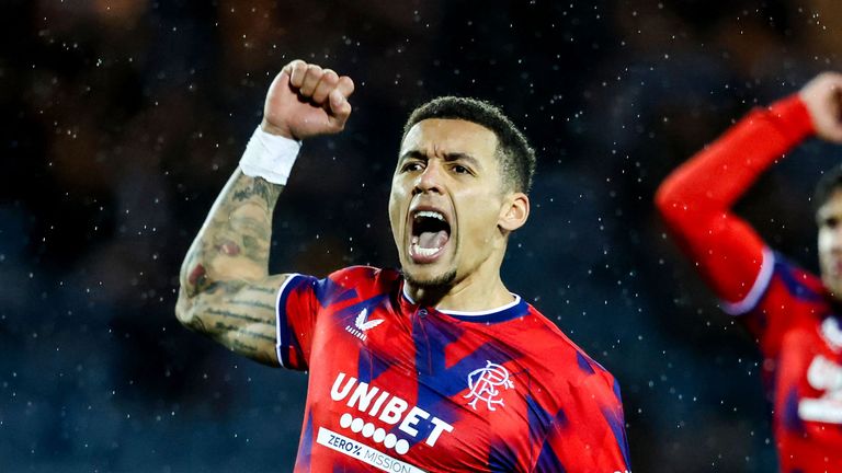 Rangers James Tavernier celebrates at Rugby Park