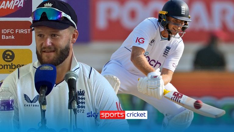 England&#39;s Joe Root plays a shot on the third day of the third cricket test match between England and India in Rajkot, India, Saturday, Feb. 17, 2024.