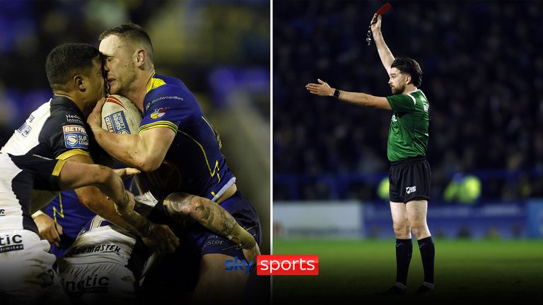 Hull FC&#39;s Nu Brown received a controversial red card for making contact with the head of Warrington&#39;s Ben Currie, which opened up a nasty cut above his eye.