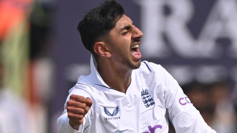 England debutant Shoaib Bashir celebrates his maiden Test wicket as he removes India captain Rohit Sharma on day one of the second Test in Vizag