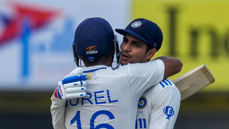 India&#39;s Shubman Gill and Dhruv Jurel celebrate after clinching the series win against England on day four of the fourth Test
