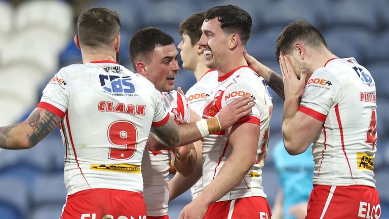 St Helens' Matt Whitley celebrates scoring their first try against Huddersfield (SWpix)