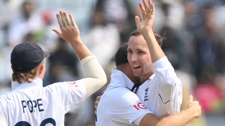 Tom Hartley celebrates the wicket of Rohit Sharma