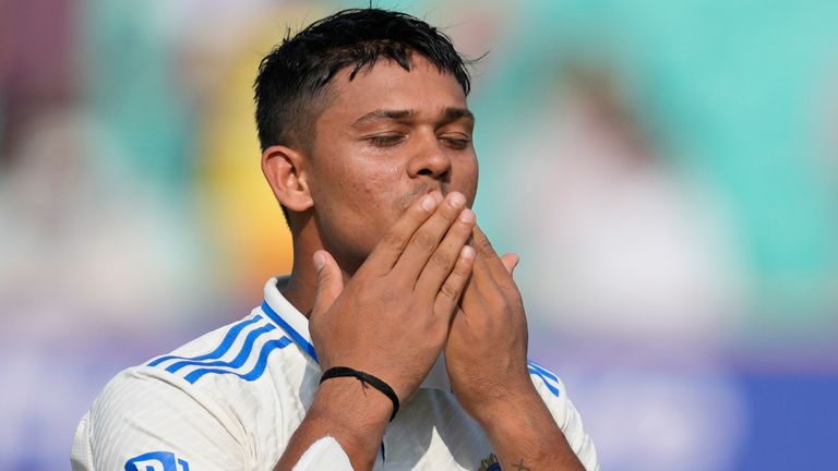 India's Yashasvi Jaiswal celebrates his third Test century (Associated Press)